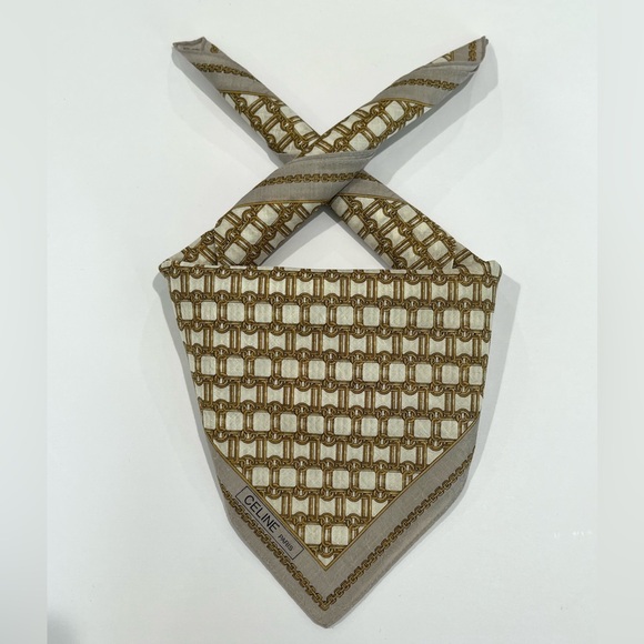 HANDKERCHIEF CELINE MINI SCARF GOLD,GRAY GEOMETRIC COTTON POCKET SQUARE 19.5” - Picture 1 of 10